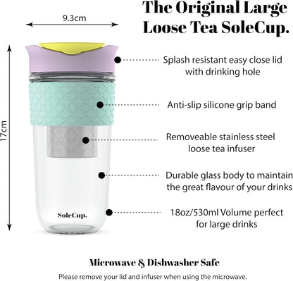 Travel Mug Loose Tea Infuser - Detachable Tea Strainer with Spillproof Lid - BPA-Free Reusable Glass Travel Coffee Cup with Silicone Band (Ice Cream, 12oz)