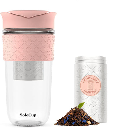 Travel Mug Loose Tea Infuser - Detachable Tea Strainer with Spillproof Lid - BPA-Free Reusable Glass Travel Coffee Cup with Silicone Band (Ice Cream, 12oz)