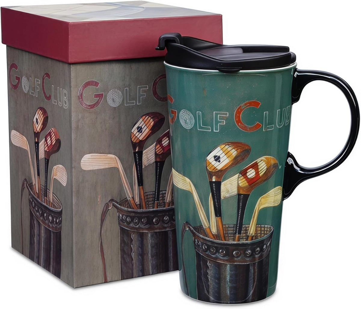 17oz Ceramic Coffee Mug with Lid and Gift Box, Vintage Golf Club | Retro Golf Lover Coffee Cup• Easy to Grip • Car cupholder fit • Easy cleaning