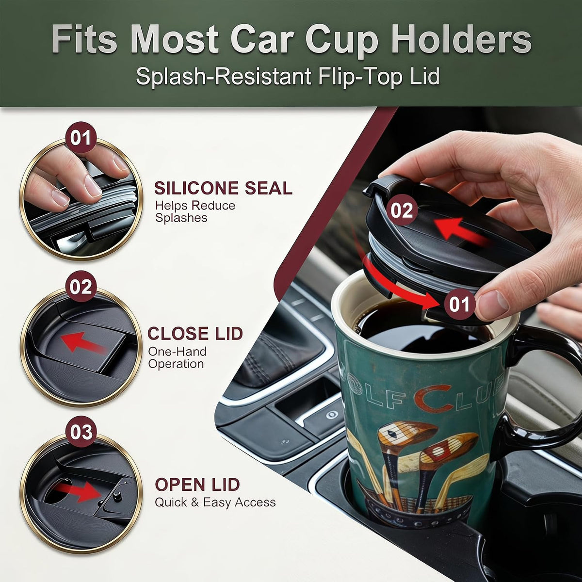 17oz Ceramic Coffee Mug with Lid and Gift Box, Vintage Golf Club | Retro Golf Lover Coffee Cup• Easy to Grip • Car cupholder fit • Easy cleaning