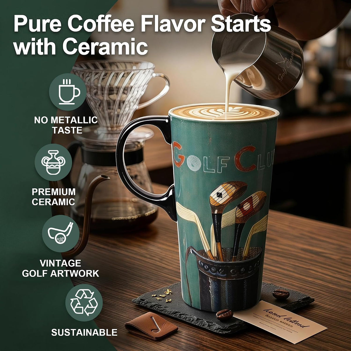 17oz Ceramic Coffee Mug with Lid and Gift Box, Vintage Golf Club | Retro Golf Lover Coffee Cup• Easy to Grip • Car cupholder fit • Easy cleaning