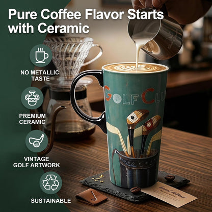 17oz Ceramic Coffee Mug with Lid and Gift Box, Vintage Golf Club | Retro Golf Lover Coffee Cup• Easy to Grip • Car cupholder fit • Easy cleaning