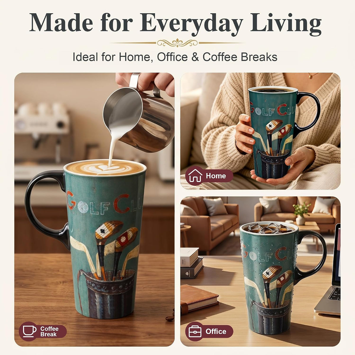 17oz Ceramic Coffee Mug with Lid and Gift Box, Vintage Golf Club | Retro Golf Lover Coffee Cup• Easy to Grip • Car cupholder fit • Easy cleaning