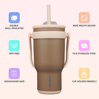 14 oz Insulated Water Bottle with Handle & Straw, Stainless Steel | Double Wall Vacuum, Leak Proof, Sweatproof, Wide Mouth, BPA Free, Dishwasher Safe, Keeps Cold/Hot, Travel, Cream
