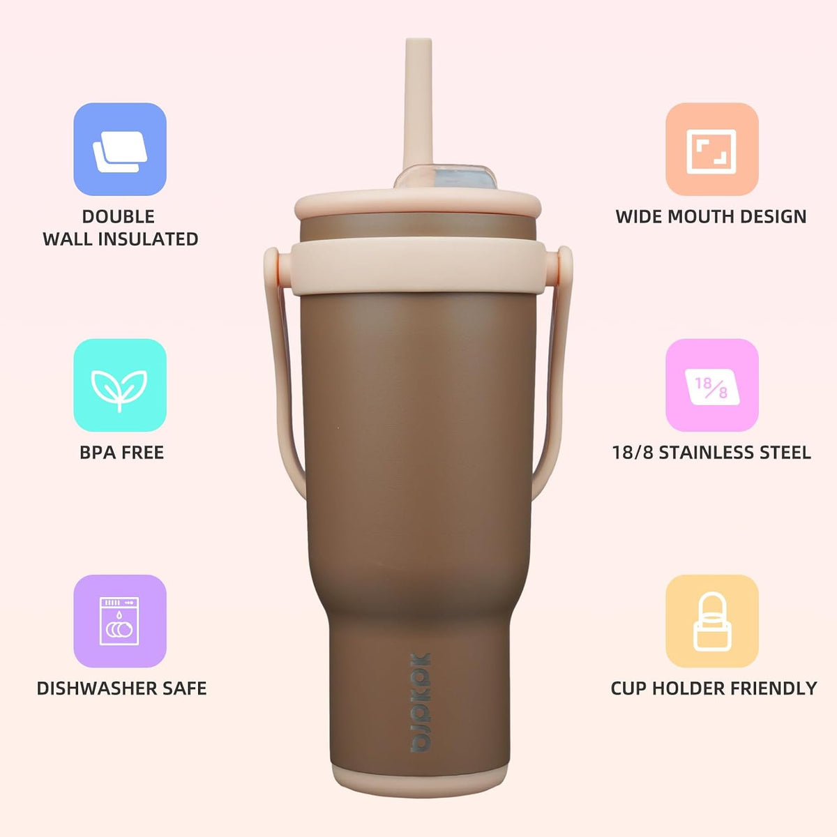 14 oz Insulated Water Bottle with Handle & Straw, Stainless Steel | Double Wall Vacuum, Leak Proof, Sweatproof, Wide Mouth, BPA Free, Dishwasher Safe, Keeps Cold/Hot, Travel, Cream