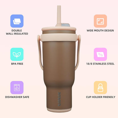 14 oz Insulated Water Bottle with Handle & Straw, Stainless Steel | Double Wall Vacuum, Leak Proof, Sweatproof, Wide Mouth, BPA Free, Dishwasher Safe, Keeps Cold/Hot, Travel, Cream