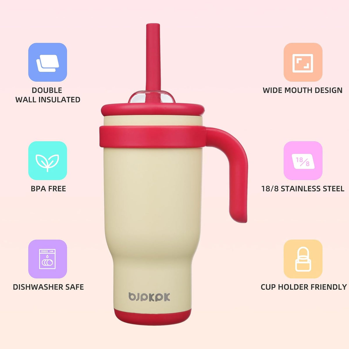 14 oz Insulated Water Bottle with Handle & Straw, Stainless Steel | Double Wall Vacuum, Leak Proof, Sweatproof, Wide Mouth, BPA Free, Dishwasher Safe, Keeps Cold/Hot, Travel, Cream