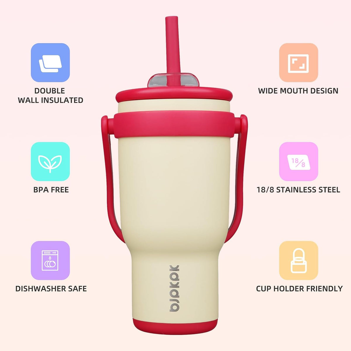 14 oz Insulated Water Bottle with Handle & Straw, Stainless Steel | Double Wall Vacuum, Leak Proof, Sweatproof, Wide Mouth, BPA Free, Dishwasher Safe, Keeps Cold/Hot, Travel, Cream
