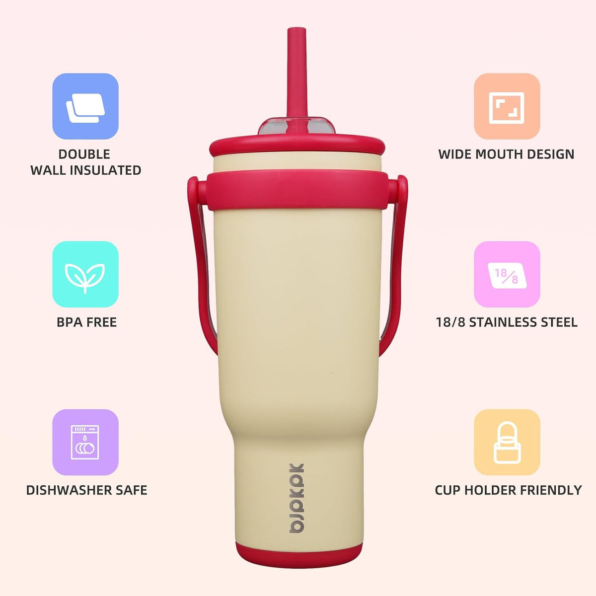 14 oz Insulated Water Bottle with Handle & Straw, Stainless Steel | Double Wall Vacuum, Leak Proof, Sweatproof, Wide Mouth, BPA Free, Dishwasher Safe, Keeps Cold/Hot, Travel, Cream
