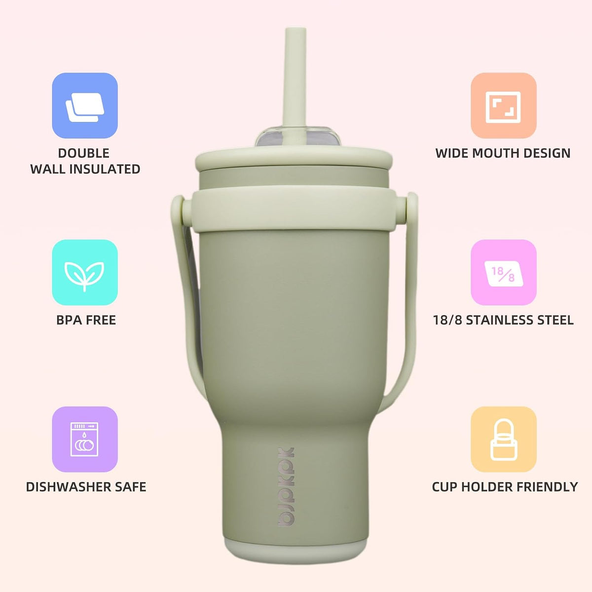 14 oz Insulated Water Bottle with Handle & Straw, Stainless Steel | Double Wall Vacuum, Leak Proof, Sweatproof, Wide Mouth, BPA Free, Dishwasher Safe, Keeps Cold/Hot, Travel, Cream