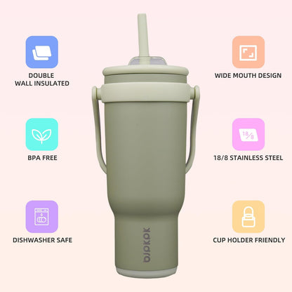 14 oz Insulated Water Bottle with Handle & Straw, Stainless Steel | Double Wall Vacuum, Leak Proof, Sweatproof, Wide Mouth, BPA Free, Dishwasher Safe, Keeps Cold/Hot, Travel, Cream