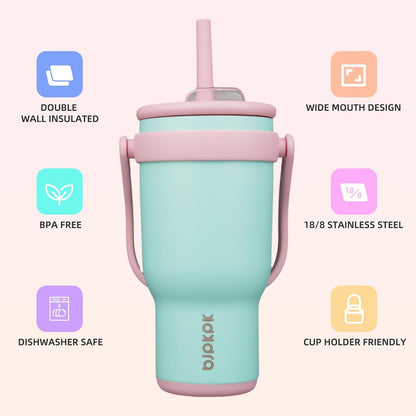 14 oz Insulated Water Bottle with Handle & Straw, Stainless Steel | Double Wall Vacuum, Leak Proof, Sweatproof, Wide Mouth, BPA Free, Dishwasher Safe, Keeps Cold/Hot, Travel, Cream