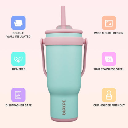 14 oz Insulated Water Bottle with Handle & Straw, Stainless Steel | Double Wall Vacuum, Leak Proof, Sweatproof, Wide Mouth, BPA Free, Dishwasher Safe, Keeps Cold/Hot, Travel, Cream