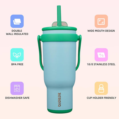 14 oz Insulated Water Bottle with Handle & Straw, Stainless Steel | Double Wall Vacuum, Leak Proof, Sweatproof, Wide Mouth, BPA Free, Dishwasher Safe, Keeps Cold/Hot, Travel, Cream