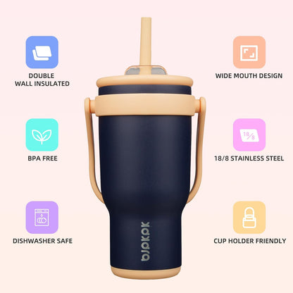 14 oz Insulated Water Bottle with Handle & Straw, Stainless Steel | Double Wall Vacuum, Leak Proof, Sweatproof, Wide Mouth, BPA Free, Dishwasher Safe, Keeps Cold/Hot, Travel, Cream