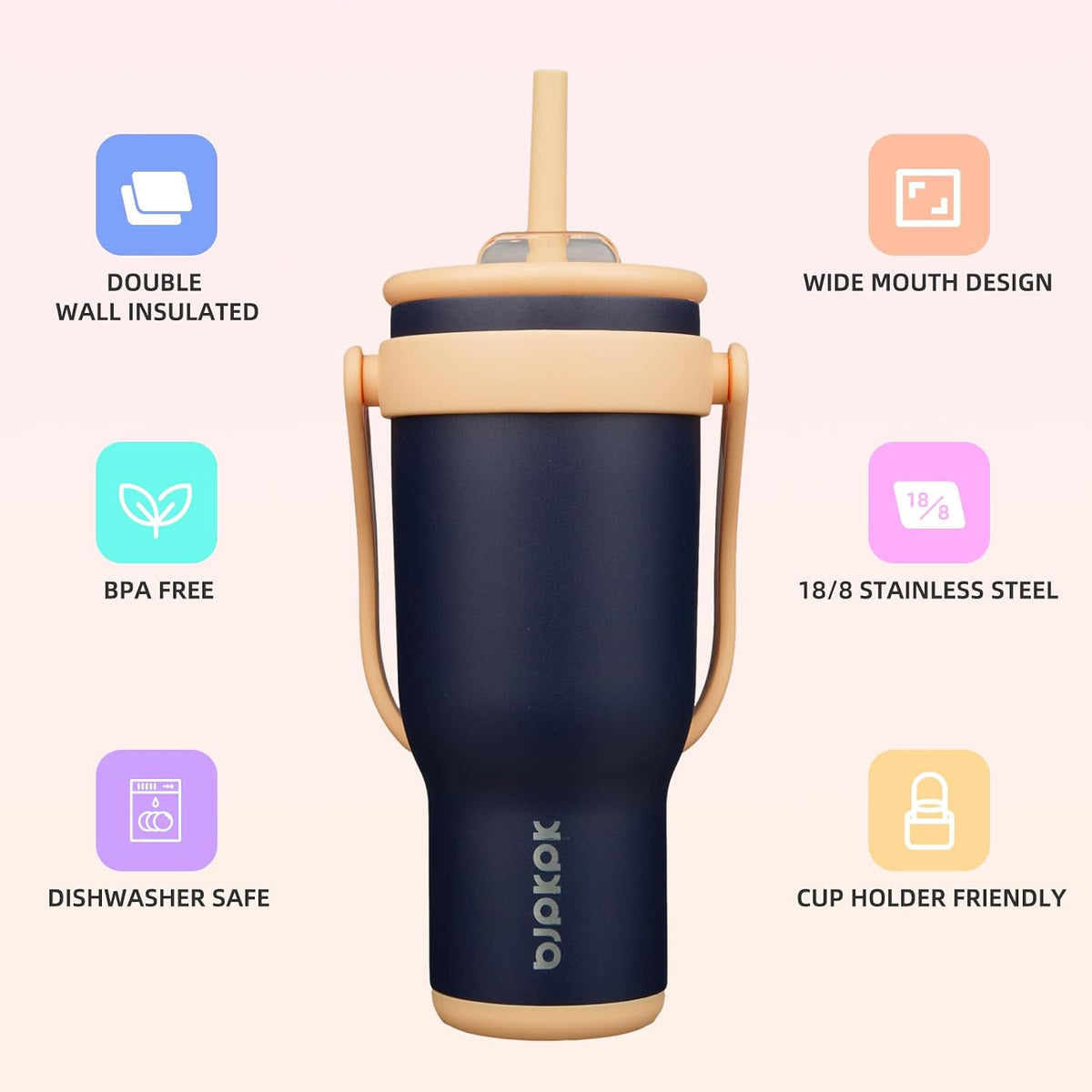 14 oz Insulated Water Bottle with Handle & Straw, Stainless Steel | Double Wall Vacuum, Leak Proof, Sweatproof, Wide Mouth, BPA Free, Dishwasher Safe, Keeps Cold/Hot, Travel, Cream