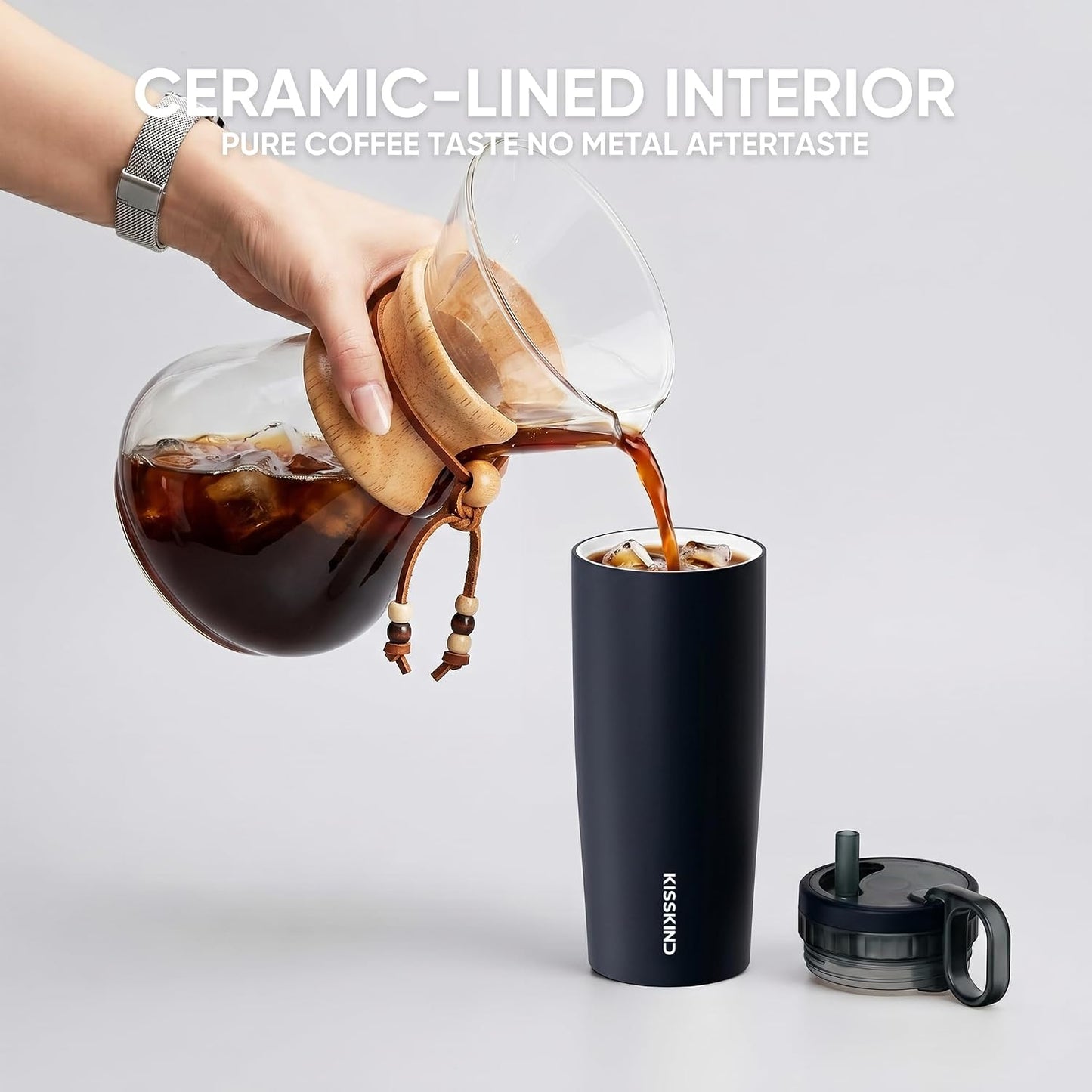 Leakproof Iced Coffee Tumbler 24 oz, Insulated Ceramic Lined Cup | Iced Coffee All Day, Leakproof, Ceramic-Lined Interior, Bag-Safe Commute, Work, Travel, Fits Cup Holders, Hidden Straw Lid