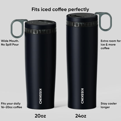 Leakproof Iced Coffee Tumbler 24 oz, Insulated Ceramic Lined Cup | Iced Coffee All Day, Leakproof, Ceramic-Lined Interior, Bag-Safe Commute, Work, Travel, Fits Cup Holders, Hidden Straw Lid