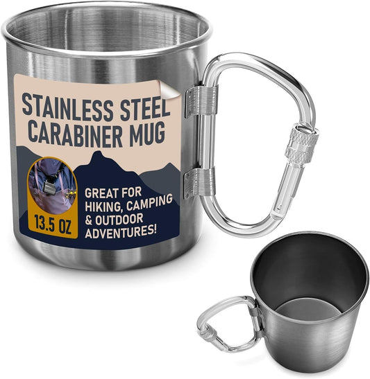 13.5 Oz Stainless Steel Camping Cup with Carabiner Handle, Clip-On