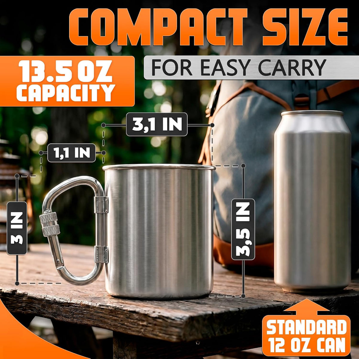13.5 Oz Stainless Steel Camping Cup with Carabiner Handle, Clip-On