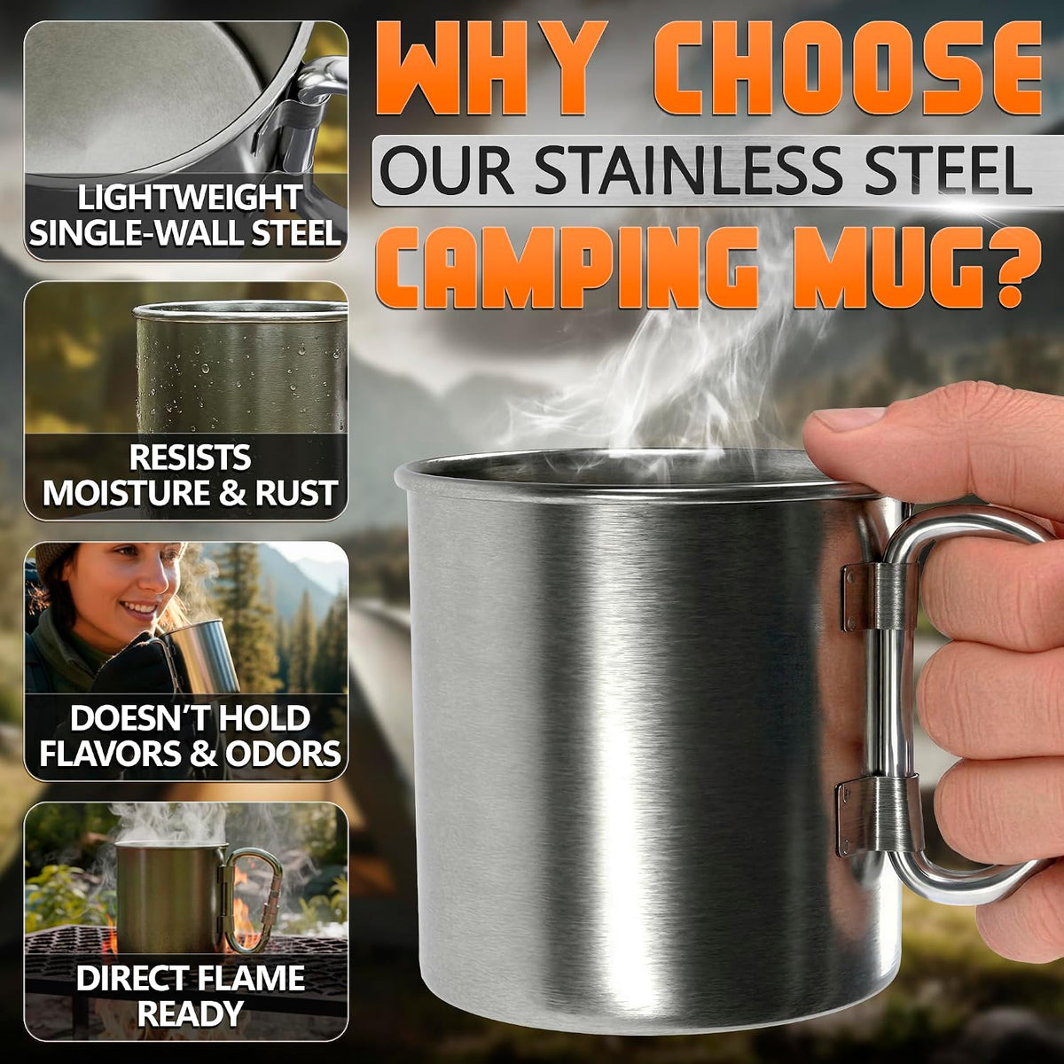 13.5 Oz Stainless Steel Camping Cup with Carabiner Handle, Clip-On