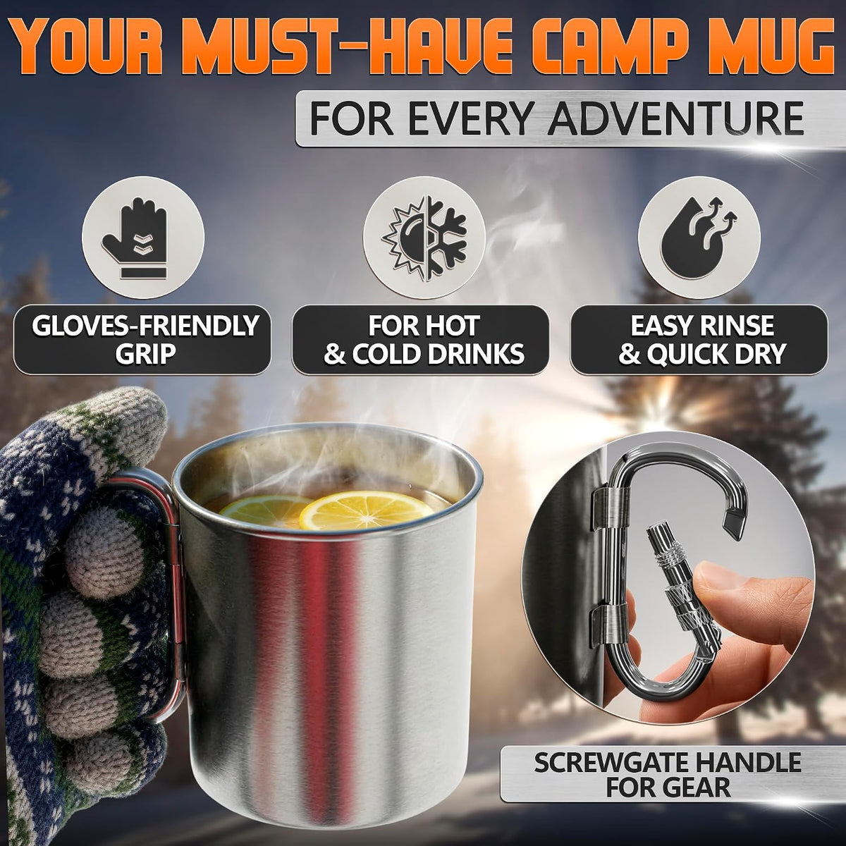 13.5 Oz Stainless Steel Camping Cup with Carabiner Handle, Clip-On