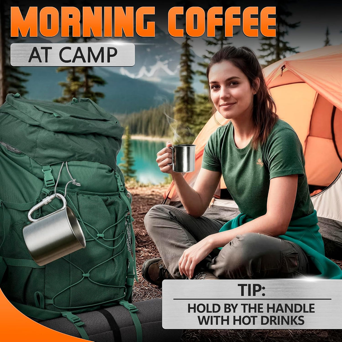 13.5 Oz Stainless Steel Camping Cup with Carabiner Handle, Clip-On