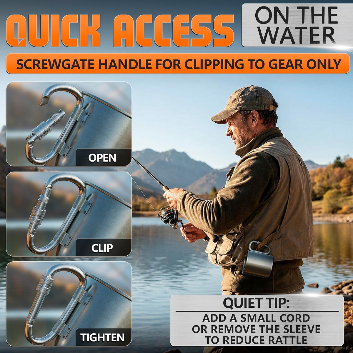 13.5 Oz Stainless Steel Camping Cup with Carabiner Handle, Clip-On