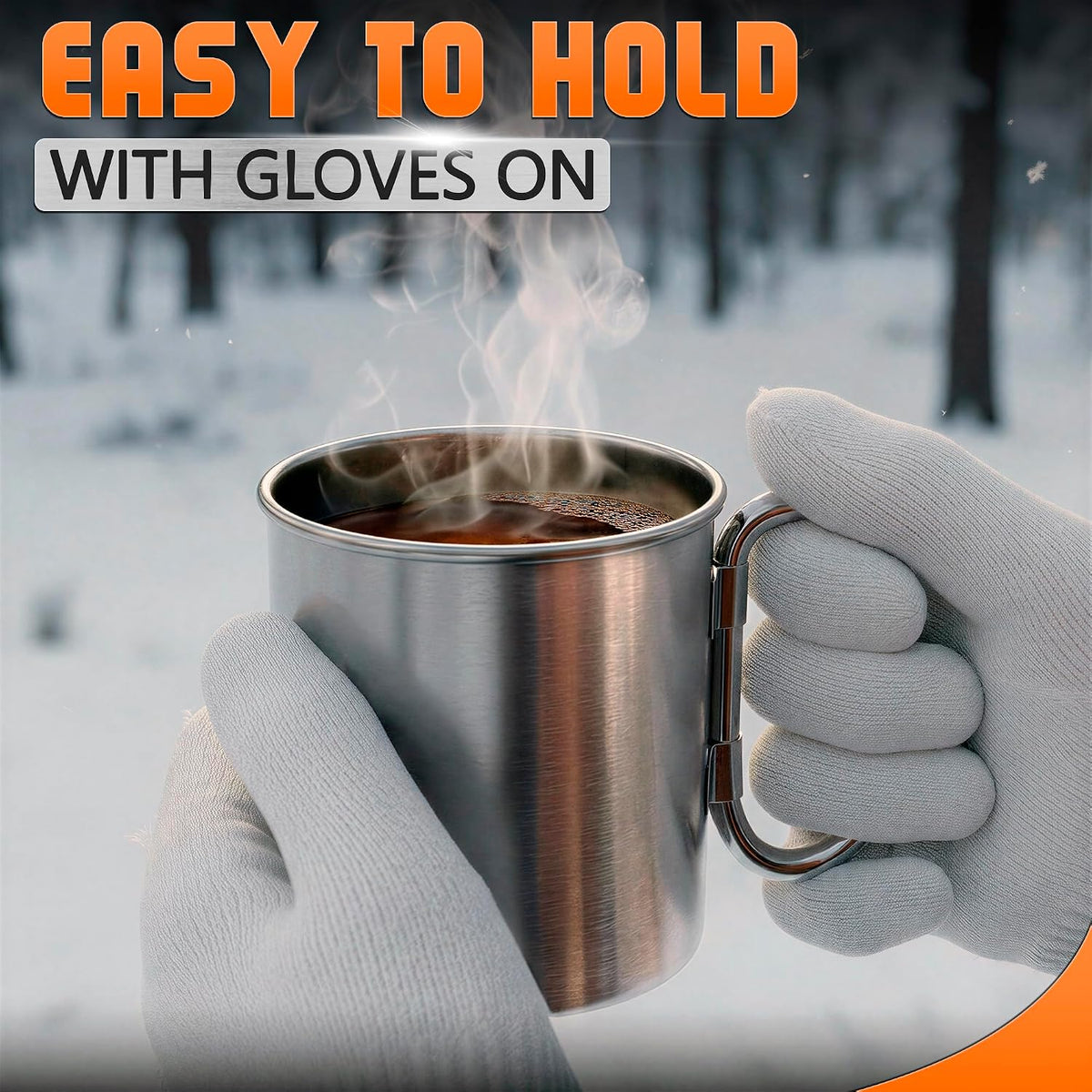 13.5 Oz Stainless Steel Camping Cup with Carabiner Handle, Clip-On