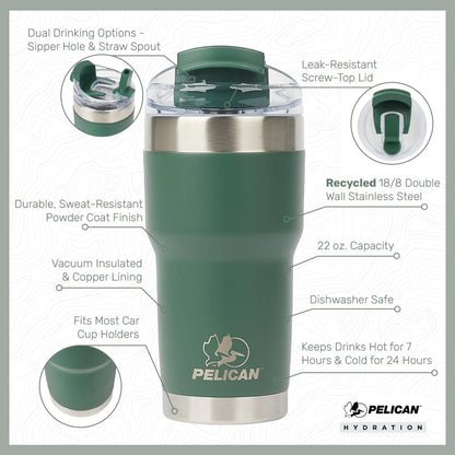 Pelican Traveler™ 22 oz Vacuum Insulated Tumbler - Stainless Steel Double Wall Travel with Dual Lid, Powder Coated Insulated Coffee Mug For Hot Cold Drinks, Sirius