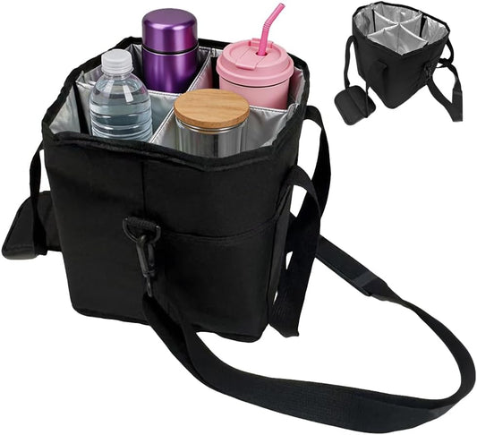 Portable 4 Compartment Insulated Drink Tote, Family Size Cup Carrier with Handle & Adjustable Shoulder Strap, Reusable Bag for Coffee Tumblers Bottles Outdoor Commute