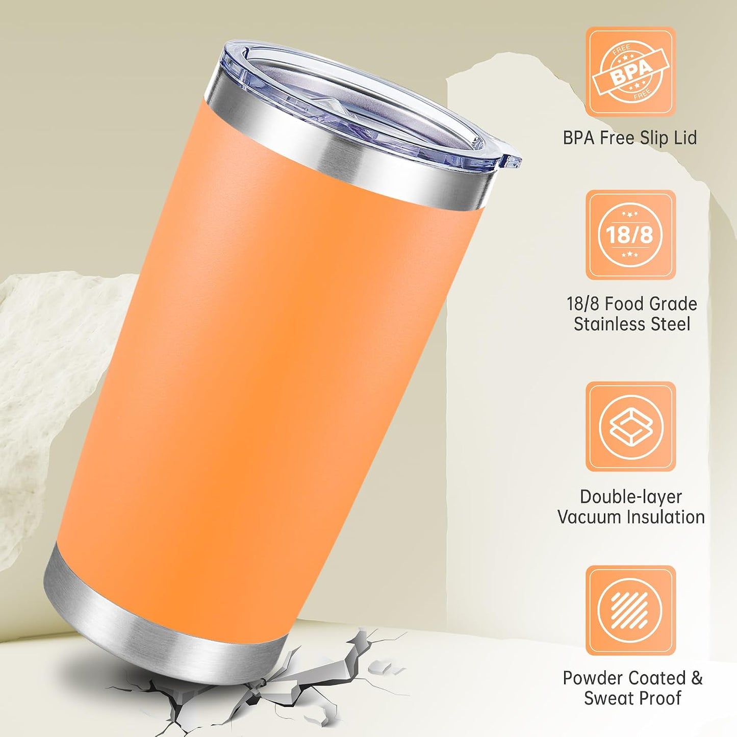 20 oz Tumblers Stainless Steel Tumbler with Lid, 1 Pack | Orange, 20oz Insulated Coffee Mug, Double Wall Vacuum, Powder Coated Cup, for Hot and Cold Drinks