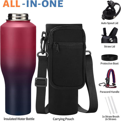 40 oz Insulated Water Bottle with Straw Lid & Pop-up Spout Lid, Carrier Bag