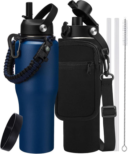 40 oz Insulated Water Bottle with Straw Lid & Pop-up Spout Lid, Carrier Bag
