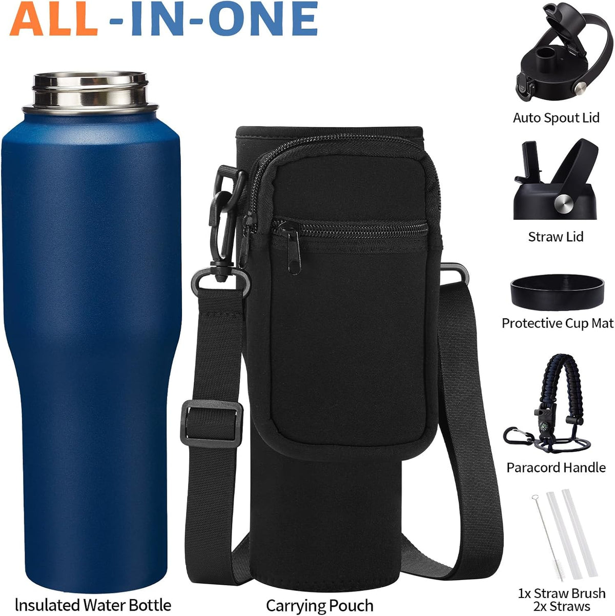 40 oz Insulated Water Bottle with Straw Lid & Pop-up Spout Lid, Carrier Bag