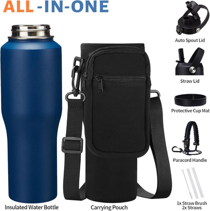 40 oz Insulated Water Bottle with Straw Lid & Pop-up Spout Lid, Carrier Bag