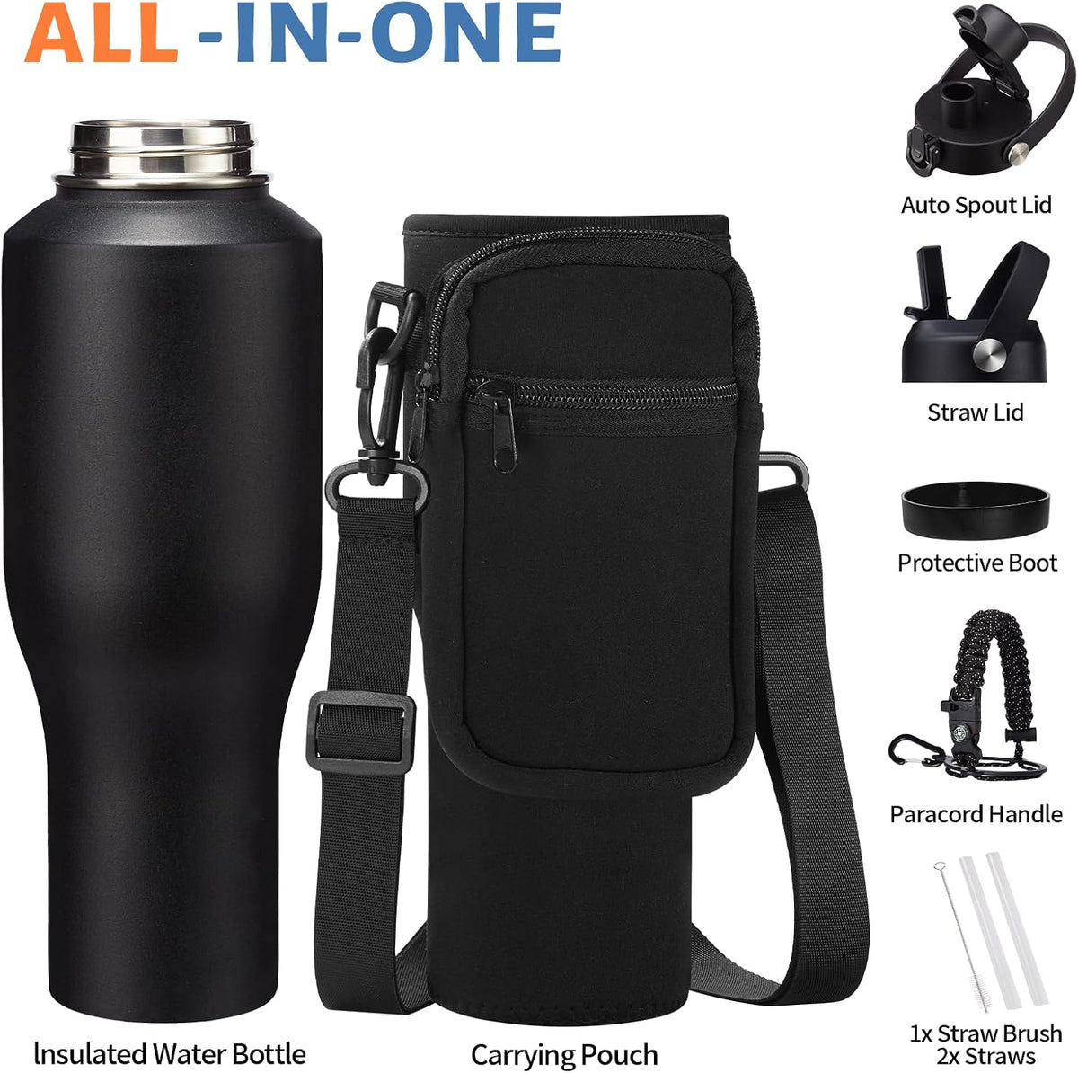 40 oz Insulated Water Bottle with Straw Lid & Pop-up Spout Lid, Carrier Bag