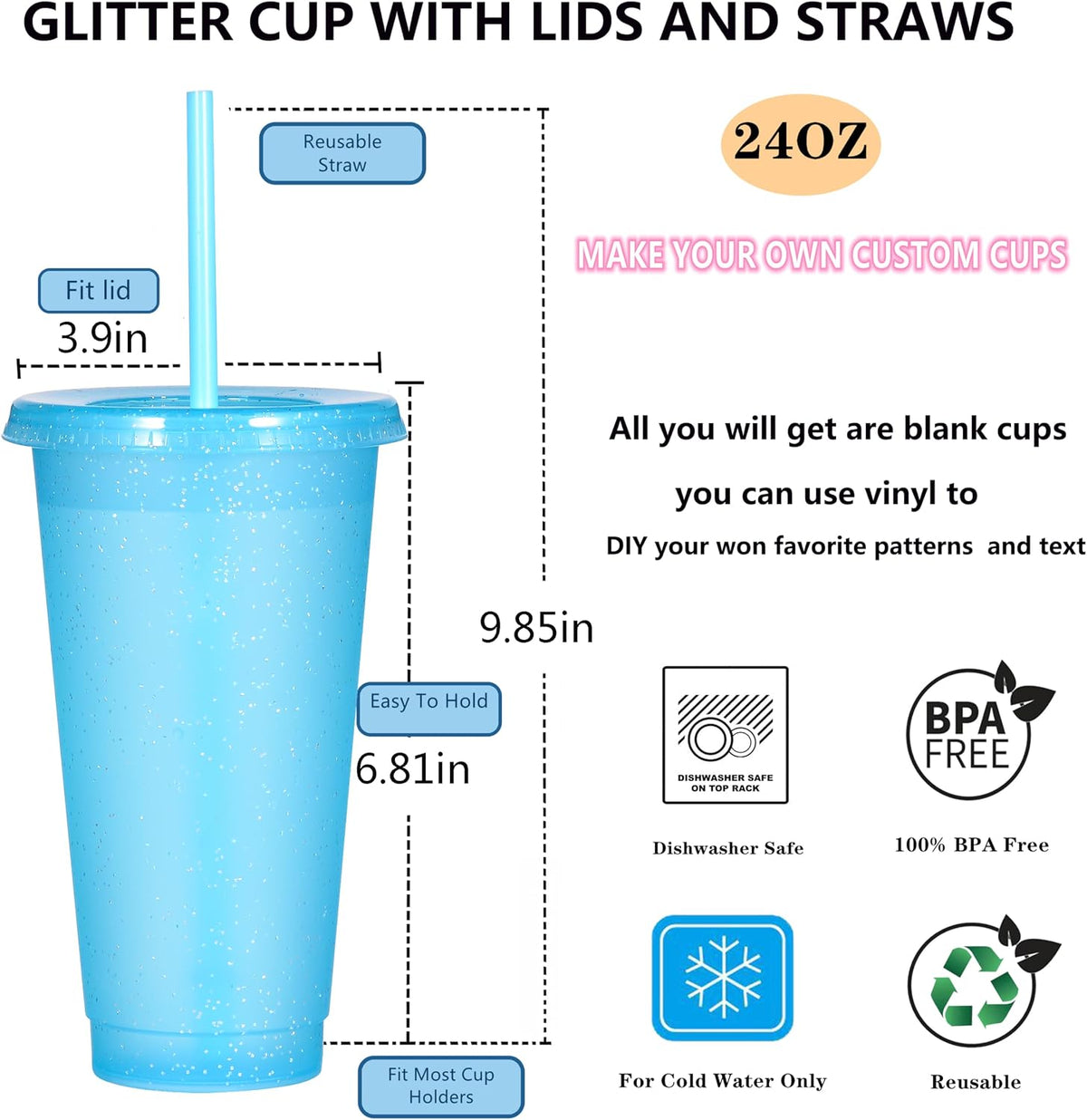 Tumbler with Straw and Lid,Water Bottle Iced Coffee Travel Mug Cup,Reusable Plastic Cups,Perfect for Parties,Birthdays,24oz-5 Pack (Rainbow, 5pack)