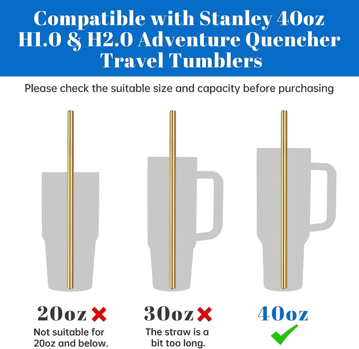 8PCS Stainless Steel Straws Fit for 40oz Stanley Tumblers, Silver