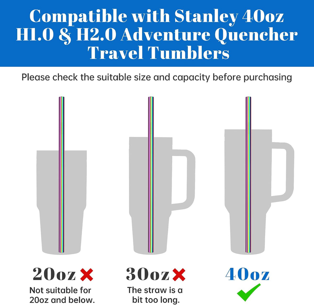 8PCS Stainless Steel Straws Fit for 40oz Stanley Tumblers, Silver