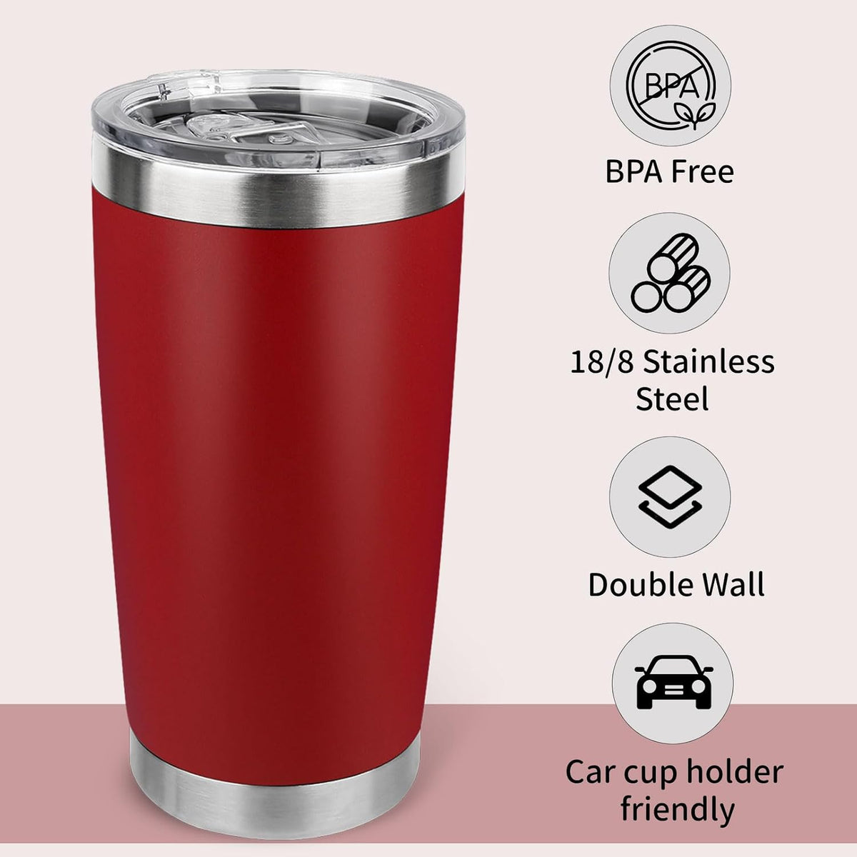 20oz Stainless Steel Tumbler with Lid, Travel Mug - Double Wall Vacuum Powder Coated Cup - Red