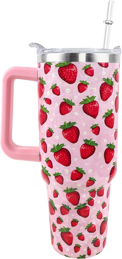 Strawberry Cup 40 OZ Tumbler with Handle Straw Lid Leak Proof | Strawberry Travel Coffee Mug with Handle Insulated for Hot Cold Ice - Christmas Birthday Gifts for Women Cup