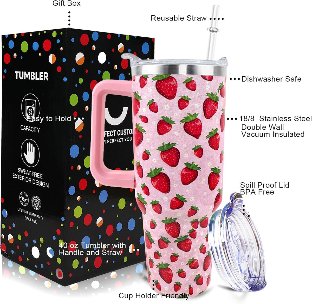 Strawberry Cup 40 OZ Tumbler with Handle Straw Lid Leak Proof | Strawberry Travel Coffee Mug with Handle Insulated for Hot Cold Ice - Christmas Birthday Gifts for Women Cup