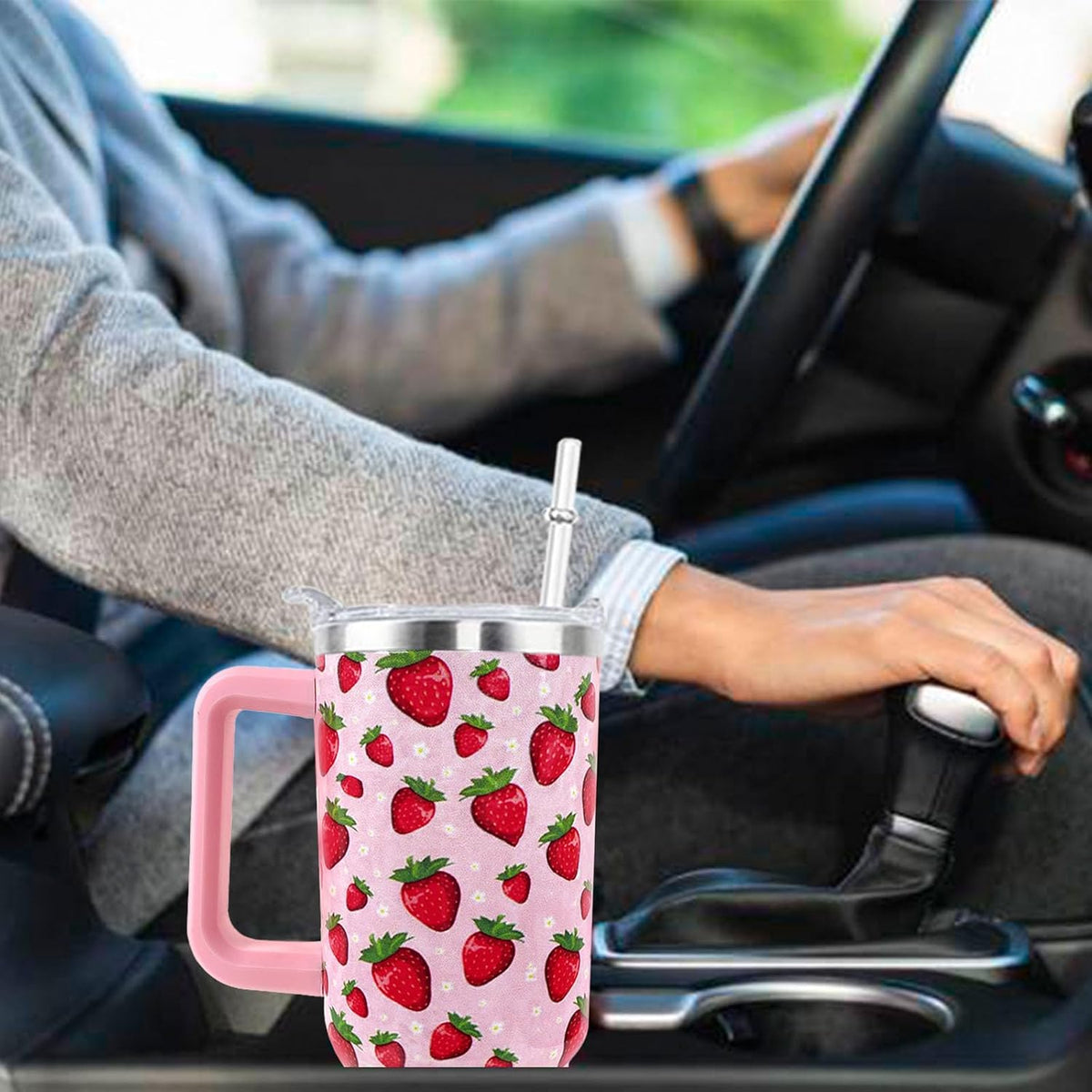 Strawberry Cup 40 OZ Tumbler with Handle Straw Lid Leak Proof | Strawberry Travel Coffee Mug with Handle Insulated for Hot Cold Ice - Christmas Birthday Gifts for Women Cup