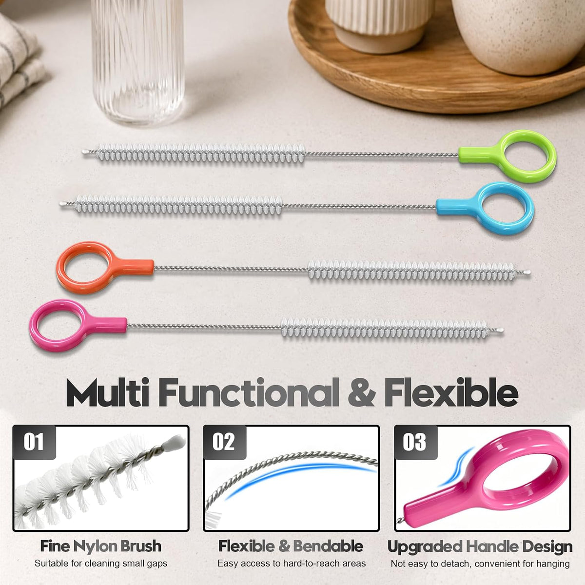 4 Pcs Straw Cleaner Brush Set with Color Hanging Loop