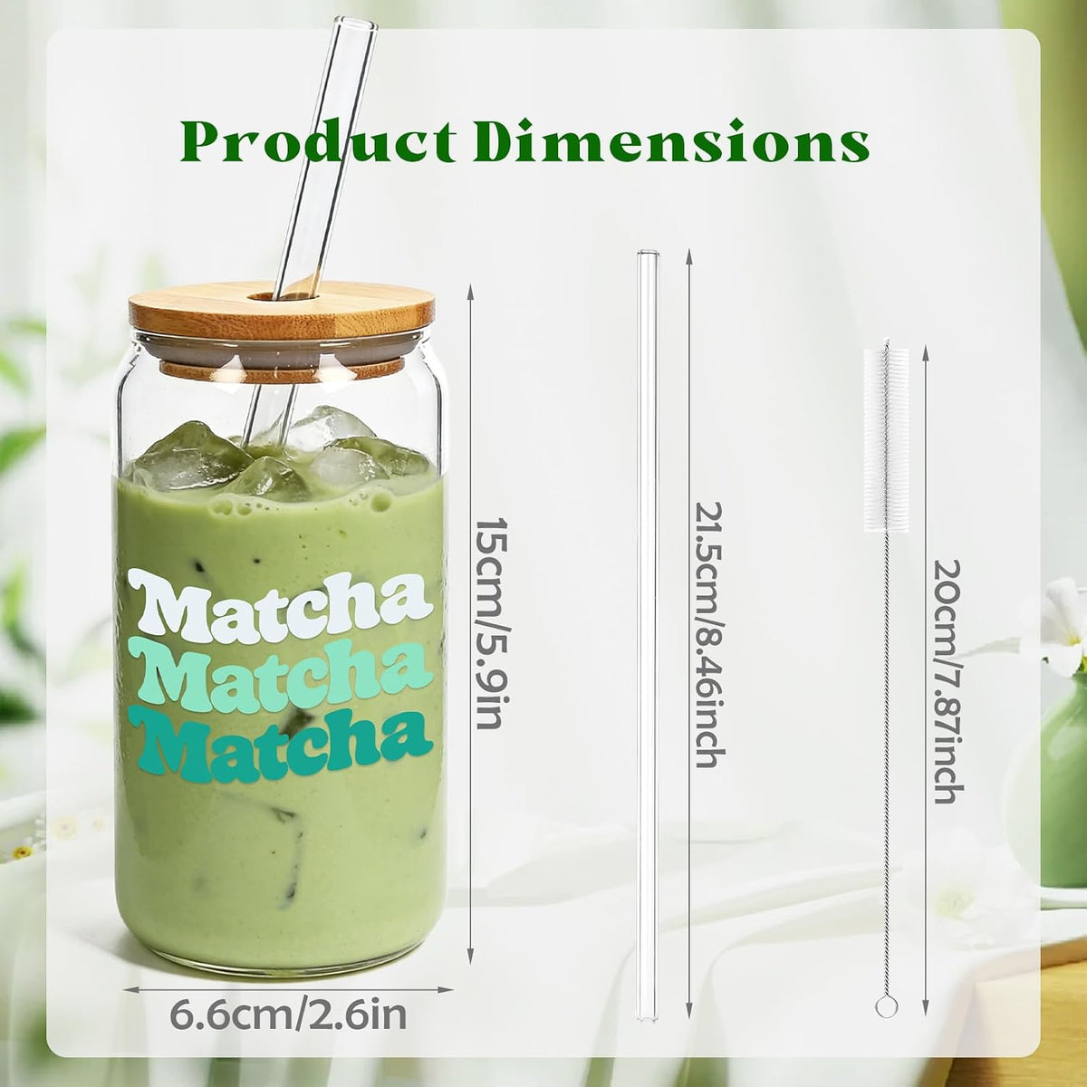 Matcha Cup, 18OZ Cute Glass with Lid and Straw
