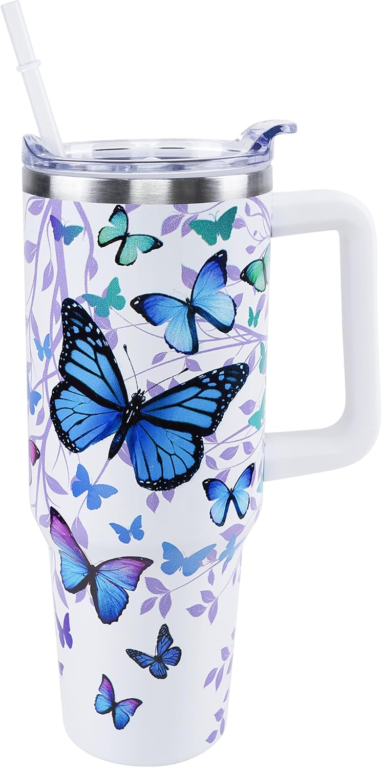 Butterfly Tumbler 40 oz Tumbler with Handle Straw Lid Leak Proof | Butterfly Coffee Travel Mug Insulated Hot Cold Ice Christmas Mothers Day Birthday Gifts for Women Cup