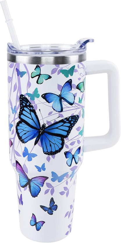 Butterfly Tumbler 40 oz Tumbler with Handle Straw Lid Leak Proof | Butterfly Coffee Travel Mug Insulated Hot Cold Ice Christmas Mothers Day Birthday Gifts for Women Cup