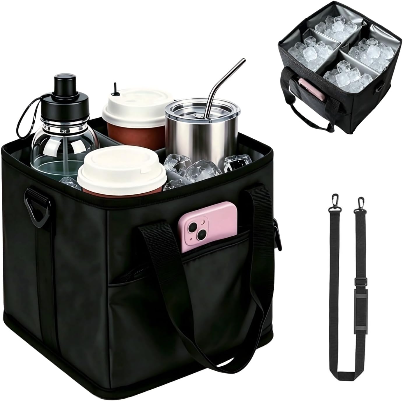 4 Cup Drink Carrier with Insulated Design - Collapsible Beverage Caddy with Adjustable Dividers & Shoulder Strap - Reusable Coffee Holder Tote Bag for Delivery, Travel & Car - No-Spill Drink Holder