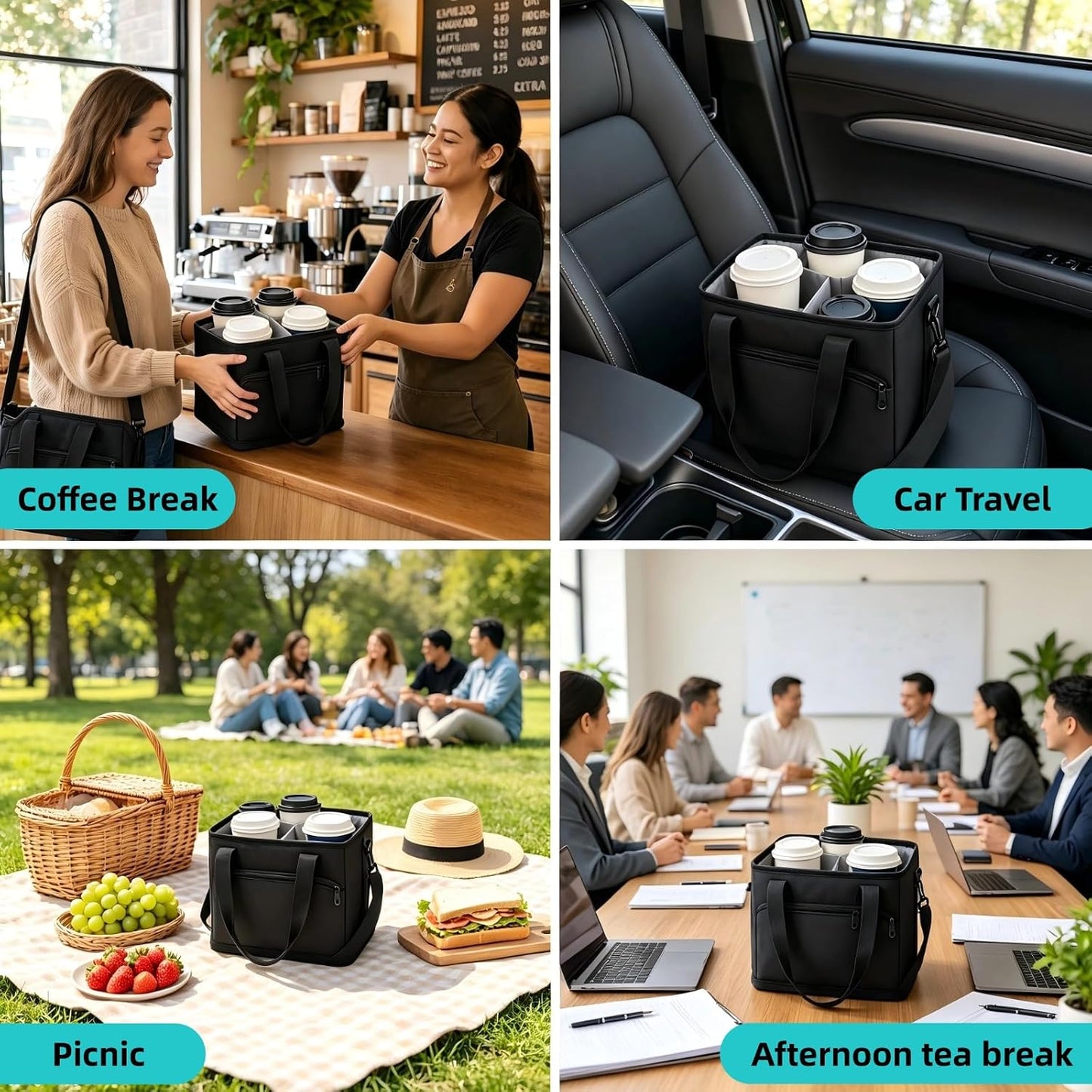 4 Cup Drink Carrier with Insulated Design - Collapsible Beverage Caddy with Adjustable Dividers & Shoulder Strap - Reusable Coffee Holder Tote Bag for Delivery, Travel & Car - No-Spill Drink Holder